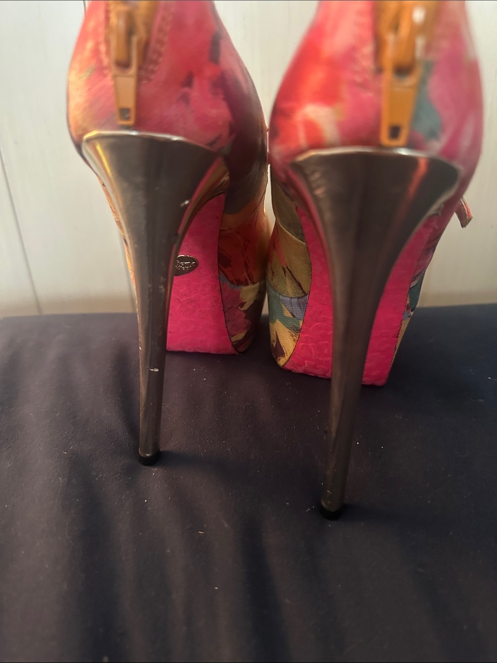 Betsey Johnson Multicolor Floral Peep Toe Platform Heels with Studded Straps - Picture 4 of 5